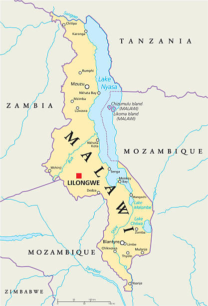 Malawi Political Map Malawi Political Map with capital Lilongwe, national borders, important cities, rivers and lakes. English labeling and scaling. Illustration. malawi stock illustrations