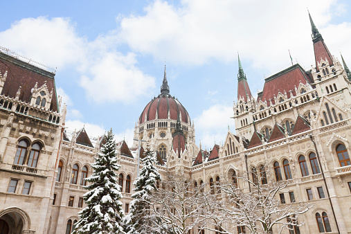 facade of parliament building at winter day, Budapest, Hungary