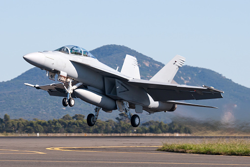 Boeing F/A-18 Super hornet launching into the sky