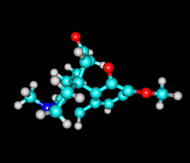 hidrocodona molécula aislado en negro - hydrogen bond fotografías e imágenes de stock