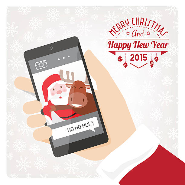 Santa's smartphone Santa claus taking a selfie with a reindeer using a smartphone. santa claus photos stock illustrations