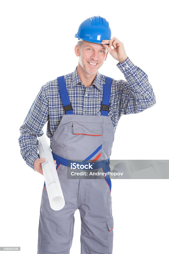 Architect Holding Blueprint Portrait Of A Male Happy Architect Holding Blueprint On White Background Adult Stock Photo