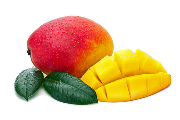 istock Fresh Mango Fruit with Cut and Green Leaves Isolated 526352229