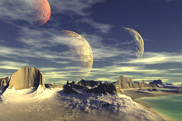 3D rendered fantasy alien planet. Rocks and moon stock photo