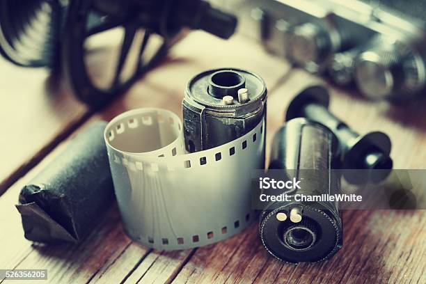 Old Photo Film Rolls Cassette And Retro Camera Stock Photo - Download Image Now - Camera Film, Film Reel, Development