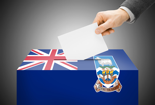Voting concept - Ballot box painted into national flag colors - Falkland Islands