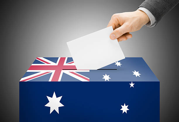 Ballot box painted into national flag colors - Australia stock photo