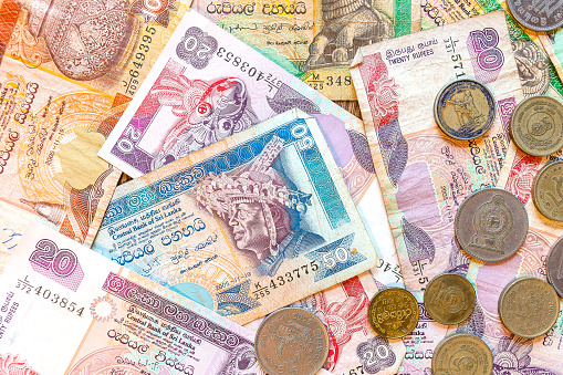 Sri Lanka money Rupee, banknotes and coins.