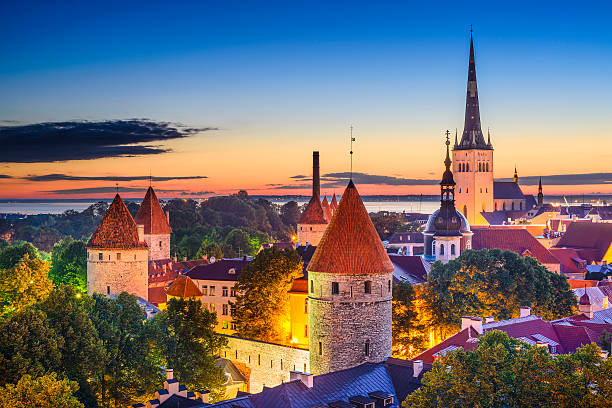 Tallinn Estonia Old City Tallinn, Estonia old city skyline at dawn. estonia photos stock pictures, royalty-free photos & images