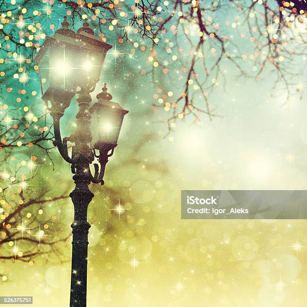 Street Christmas Lights On Background Stock Photo - Download Image Now - Abstract, Blue, Branch - Plant Part