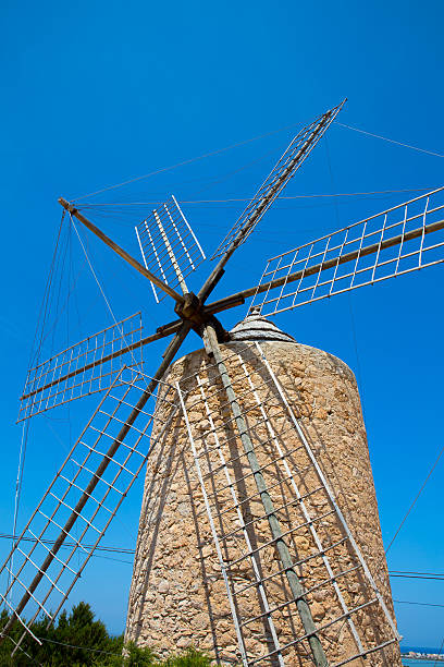 Miniature windmills with unfurled sails.