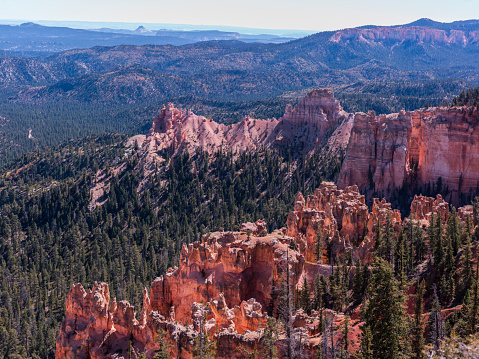 USA, State of Utah. Garfield County. Bryce Amphiteater. Bryce Canyon National Park is a collection of natural amphitheaters along the eastern side of the Paunsaugunt Plateau. Its rim at varies from 8,000 to 9,000 feet. The Bryce Amphitheater is 12 miles long, 3 miles wide and 800 feet deep. The Paiute Indians believed that the hoodoos (pinnacles) were people whom the gods turned to stone. The area was named after Ebenezer Bryce, who was sent here by the Church of Jesus Christ of Latter-day Saints. He settled in this area in 1874. He pastured his cattle here, and said that these amphitheaters were a \