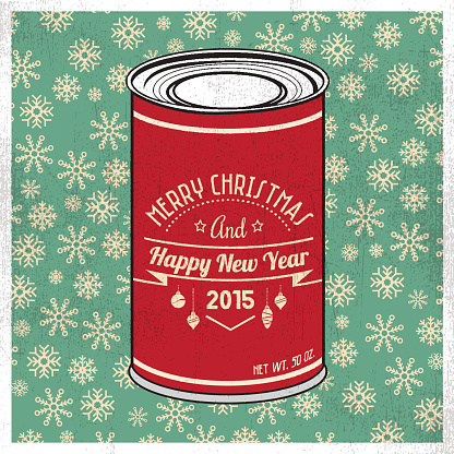 Christmas tin with vintage hipster label with grunge texture and green bright background.
