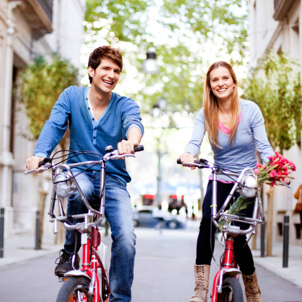 istock Couple riding bicycles in the city 526425645