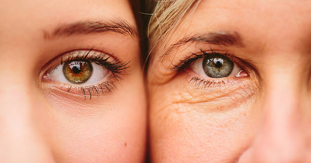 Close Up Of Mother And Daughter Faces Together Close up on eyes of mother and daughter faces next to one another human skin photos stock pictures, royalty-free photos & images
