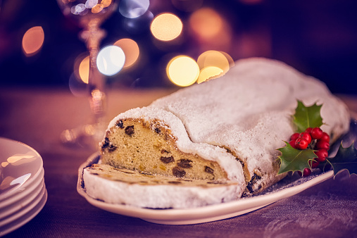 Traditional German christmas stollen with powdered sugar