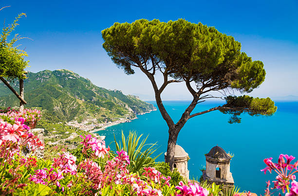 Amalfi Coast, Campania, Italy Scenic picture-postcard view of famous Amalfi Coast with Gulf of Salerno from Villa Rufolo gardens in Ravello, Campania, Italy. amalfi coast photos stock pictures, royalty-free photos & images
