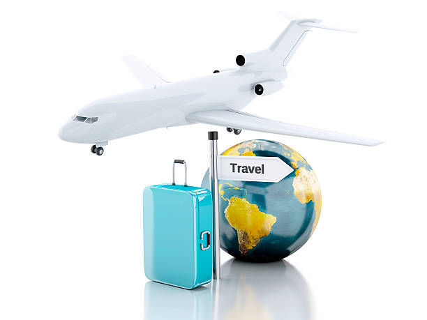 istock 3d travel suitcase, airplane and world globe. travel concept 526440621