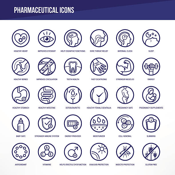 ilustraciones, imágenes clip art, dibujos animados e iconos de stock de conjunto de iconos de médicos y farmacéuticos - antioxidant
