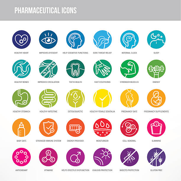 Pharmaceutical and medical icons set Pharmaceutical medical icons set for medical packaging on organs and body health. antioxidant stock illustrations