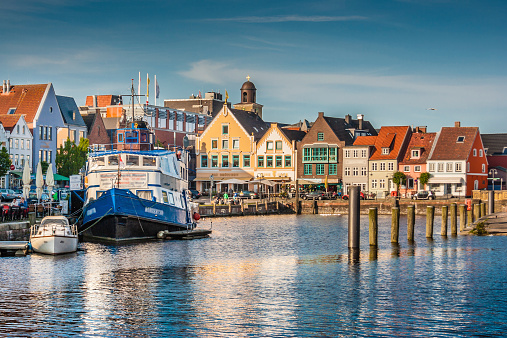 Beautiful view of the old town of Husum, the capital of Nordfriesland and birthplace of German writer Theodor Storm, in Schleswig-Holstein, Germany.