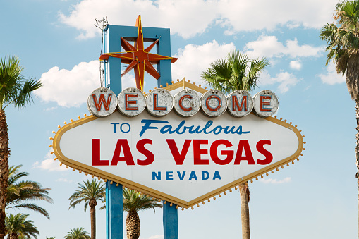 close up view of las vegas neon sign on summer background