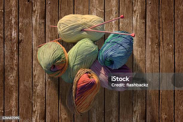 Colorful Yarn Balls Knitting On Wood Background Stock Photo - Download Image Now - Abstract, Art And Craft, Clew Bay
