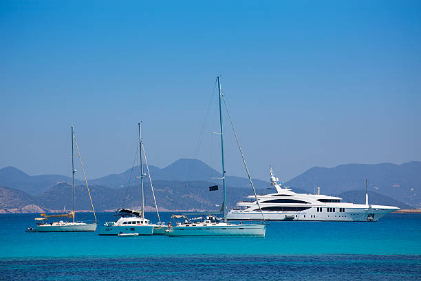 istock Ibiza coast view from Formentera with anchor boats 526465409