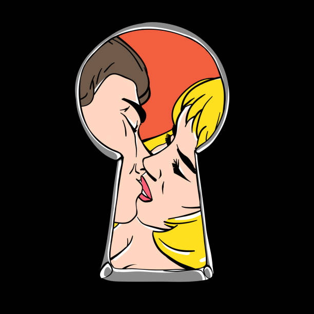 Peeping couple kiss through keyhole. Peeping couple kiss through keyhole. woman spying through a keyhole stock illustrations