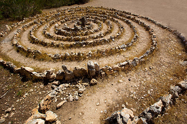 Atlantis spiral sign in Ibiza with stones on soil at Balearic Islands
