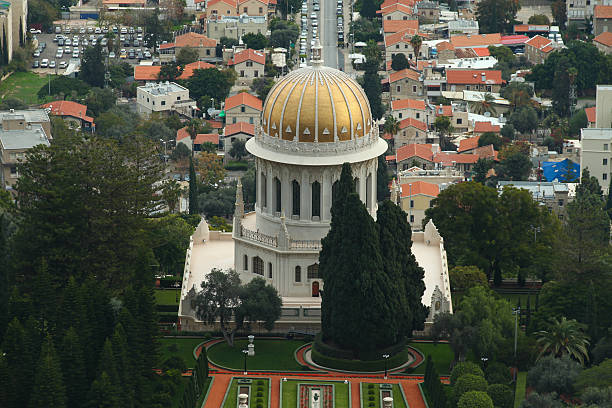 istock Bahai Gardens Stairs and temple 526471393