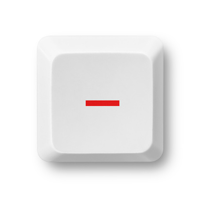 Minus red symbol on a white computer key isolated on white. Key's clipping path included. The red color of the minus sign can be easily modified in photoshop by moving the Hue/Saturation slider without affecting the rest of the image. 