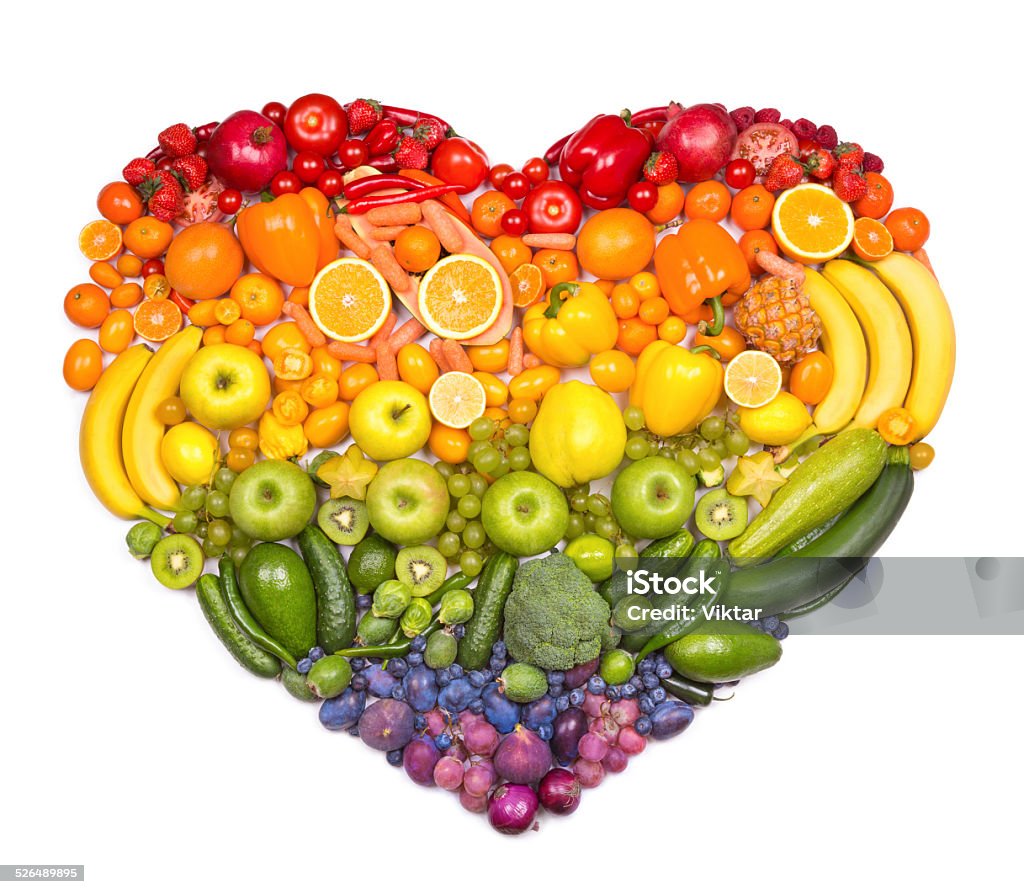 Rainbow heart of fruits and vegetables Fruit and vegetable healthy concept Rainbow Stock Photo