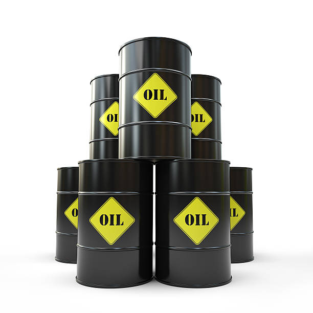 istock Pyramid of black oil barrel 526491053