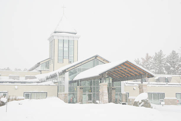A modern church in a snow storm in Barrie, Ontario, Canada