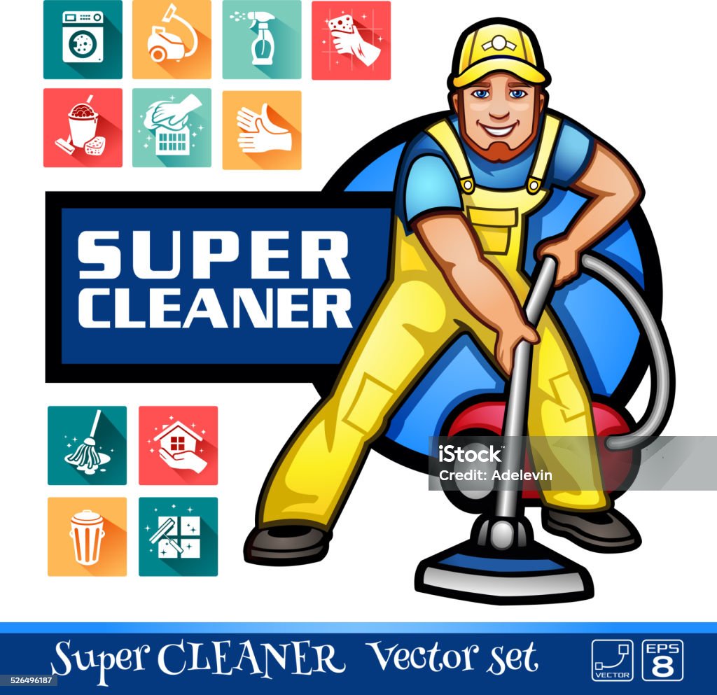 Super Cleaner worker Professional cleaner worker with vacuum cleaner. + Cleaning vector icons.  Cleaning stock vector