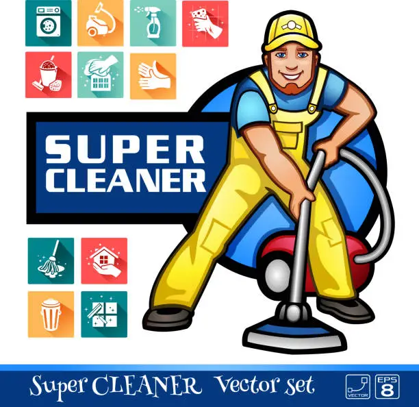 Vector illustration of Super Cleaner worker