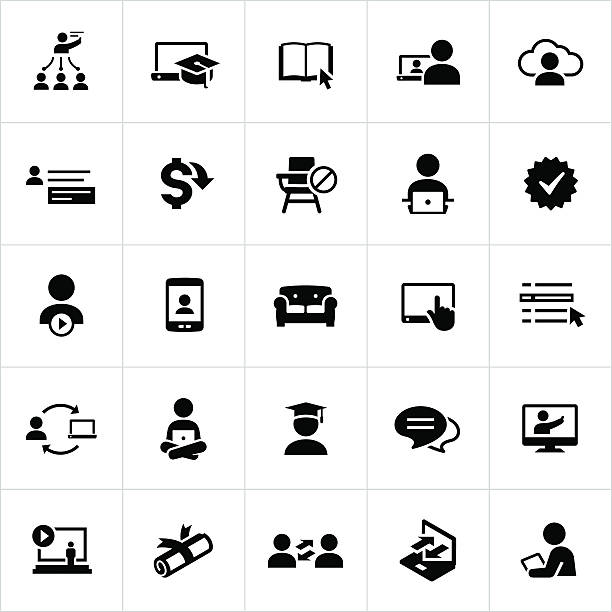 Black Online Education and E-Learning Icons e-learning, online education, education, symbols, icons. All white strokes/shapes are cut from the icons and merged. inexpensive stock illustrations