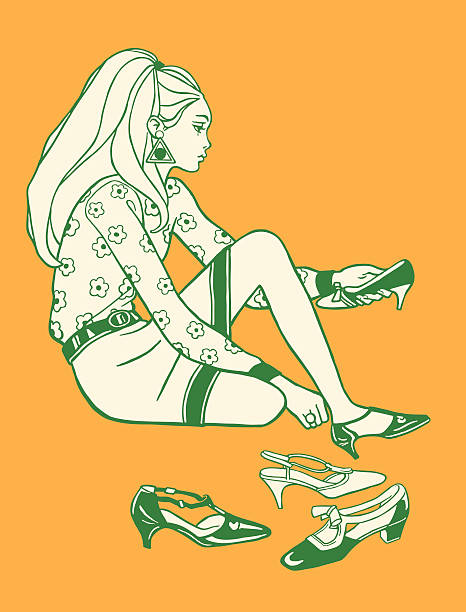 여자 입어보기 신발도 - shoe women retro revival fashion stock illustrations