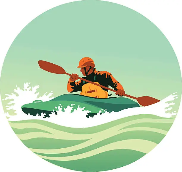 Vector illustration of Kayaker Paddling Powerfully Through White Waters