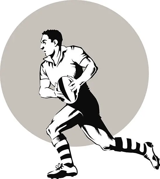 Vector illustration of Rugby Player Running with Ball in Black and White