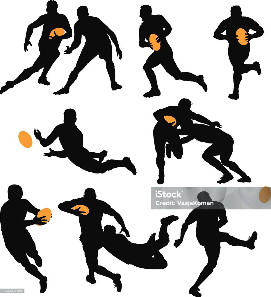 Silhouettes of Rugby Players Playing the Game All images are placed on separate layers for easy editing. Rugby - Sport stock vector