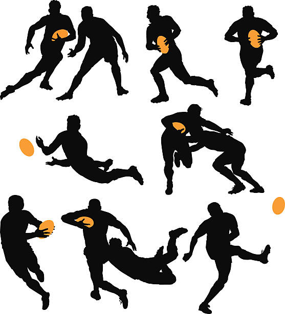 Silhouettes of Rugby Players Playing the Game All images are placed on separate layers for easy editing. rugby stock illustrations