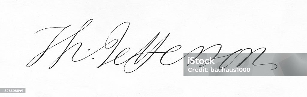 Thomas Jefferson Signature Beautifully detailed engraved signature of Thomas Jefferson from National Portrait Gallery of Eminent American, Volume I, Published in 1862. Copyright has expired on this artwork. Digitally restored. Thomas Jefferson stock illustration