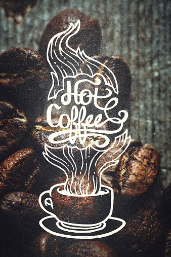 An illustration of a coffee mug, steam, and hand drawn lettering over a macro photograph of fresh roasted coffee beans.  Vertical image.