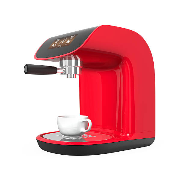 istock Stylish red coffee machine with touch screen isolated on white 526530899