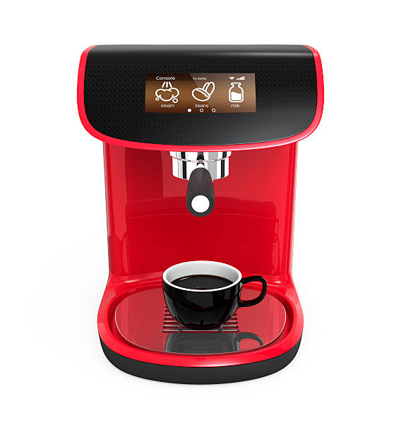 istock Stylish red coffee machine with touch screen isolated on white 526530901