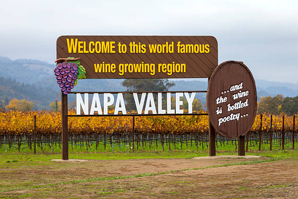 napa, kalifornien, usa, willkommen zeichen in der nähe der weingüter - napa valley vineyard sign welcome sign stock-fotos und bilder