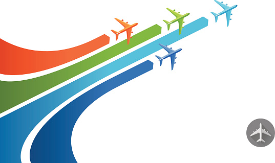Four airliner fly along the perspective arrows. Plus trendy flat icon.