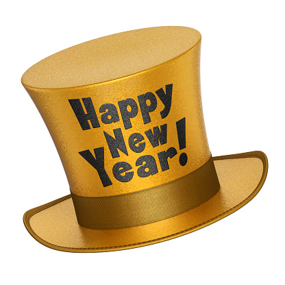 3D render of a golden Happy New Year top hat with shiny metallic flakes style surface - isolated on white background